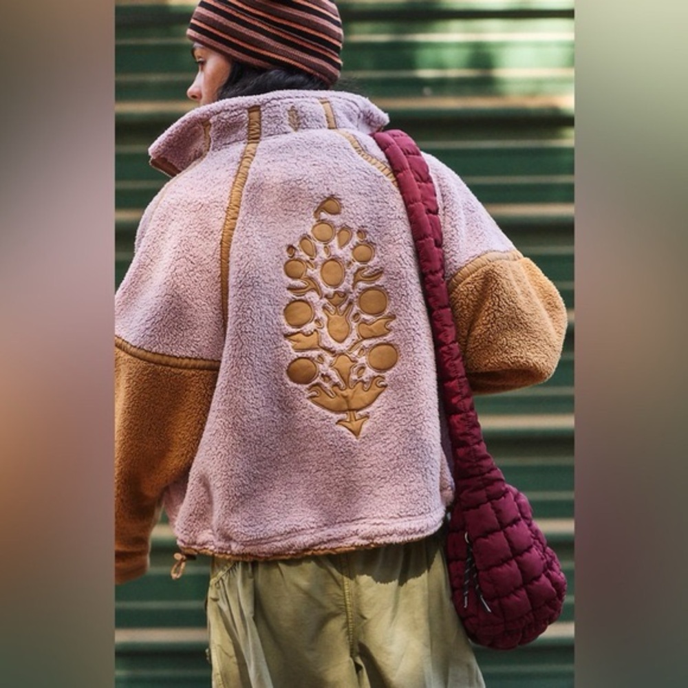 Free People Two-Tone Pink & Tan Sherpa Jacket with Back Appliqué